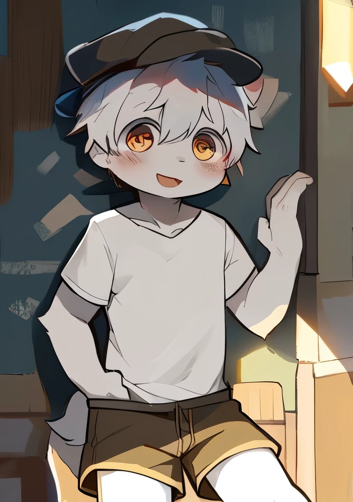 London streets in the early 20th century，Cute little wolf，Boy has a strong sexual desire，Slim body，Light gray fur，Bright morning sunshine，Brown Newsboy Cap，White short top，Brown shorts，Acting cute，Bright and intelligent eyes（masterpiece）（high quality）（Clear structure）（Clear lines）（Extremely detailed background）（extremely detailed character），((Boy，shota))，boy，Pino Deheny, Carney announced, milkytiger1145, Dagasi, Yes，