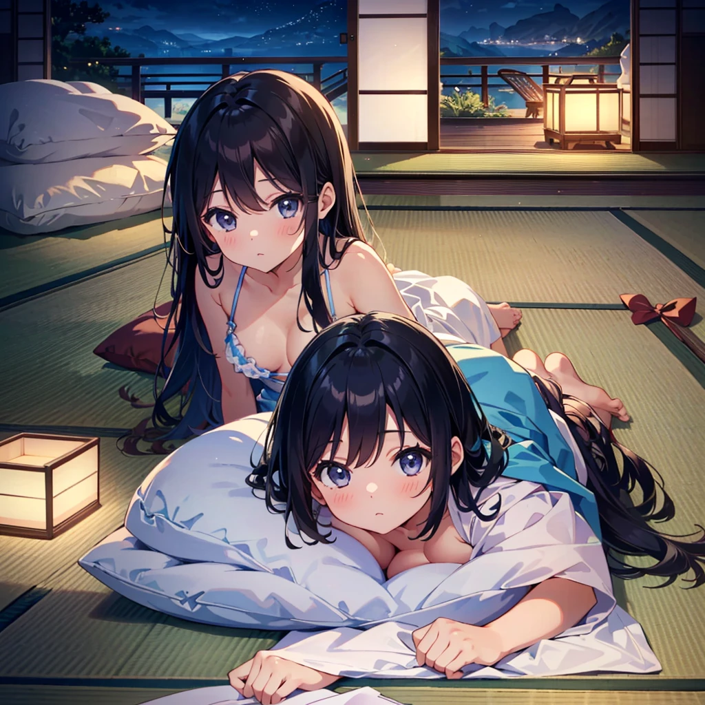 {{{Masterpiece, highest quality, high resolution background}}}, bright and beautiful atmosphere, 1 girl (s old, round face, baby face), small breasts, large tatami room, lots of futons, pillow fight The girls looking like they're having fun, "deltamon_sdXL :0.73) >Deltamon"