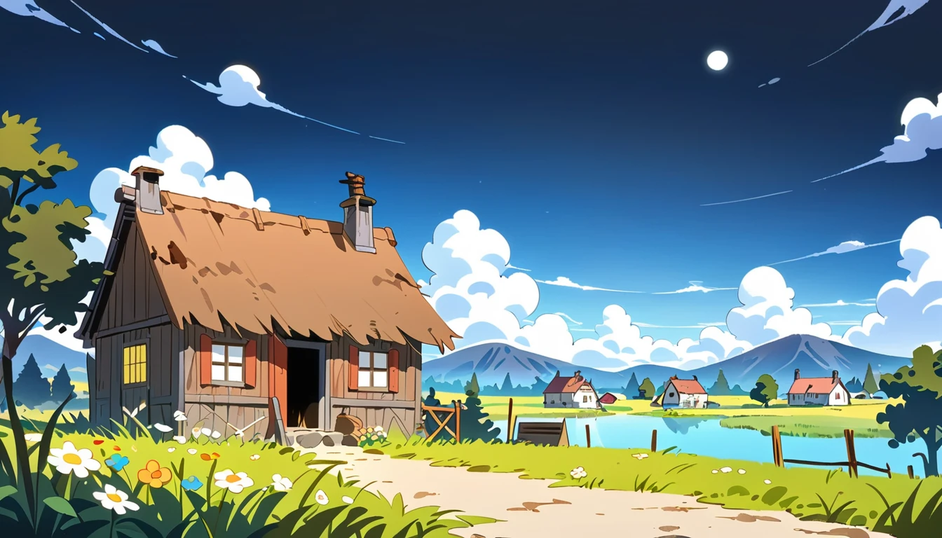 a cartoon picture of a rusty village house with meadow and white clouds and clear sky, mellow, mood painting, moody :: studio ghibli, cartoon moody scene, colorful mood, meadow, great fantasy mood, uplifting mood, peaceful mood, studio ghibli smooth concept art, dreamy mood, creepy mood, happy mood, studio ghibli inspired