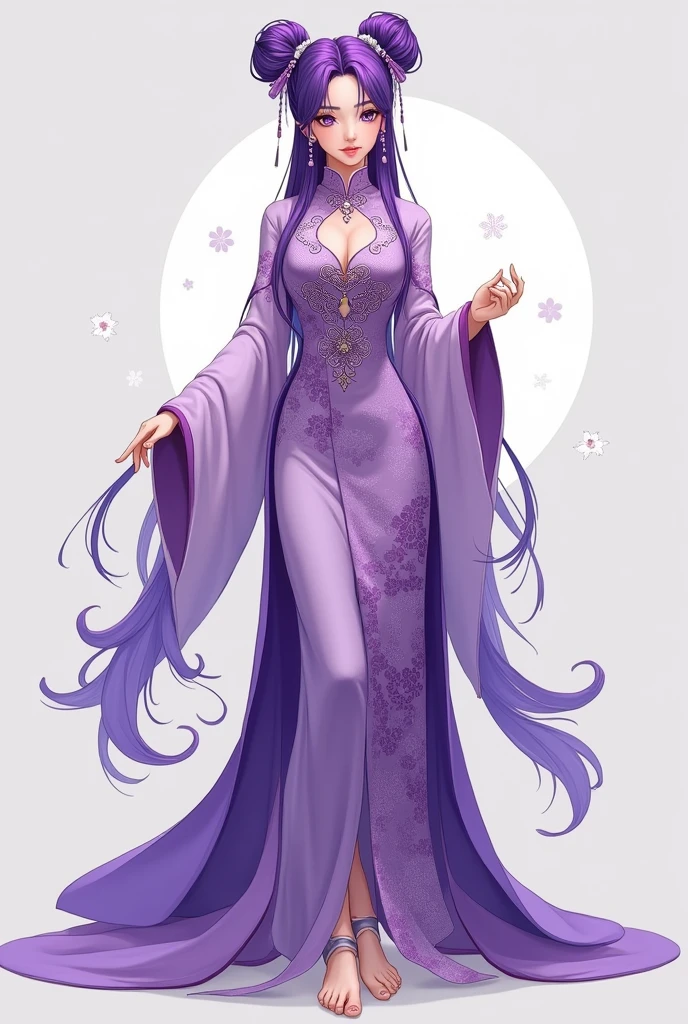Purple hair, adult woman, purple, Chinese dress, twin buns, whole body, toes, front, anime
