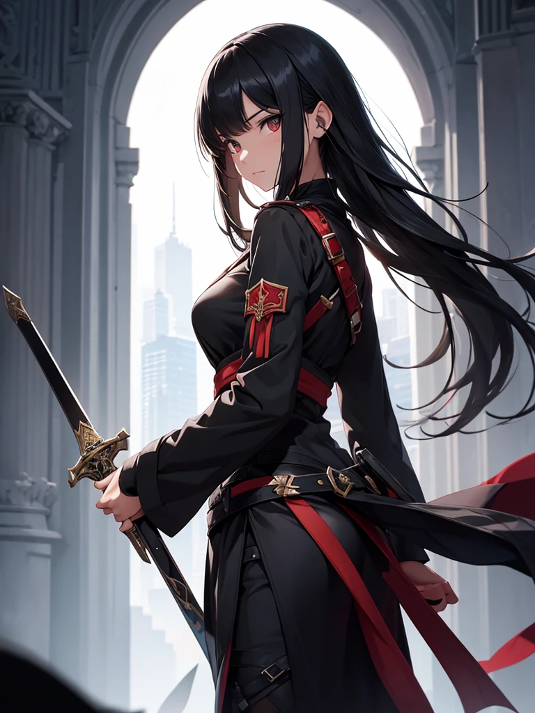 1girl, solo, long hair, looking at viewer, black hair, bangs, assasin outfit, holding a sword