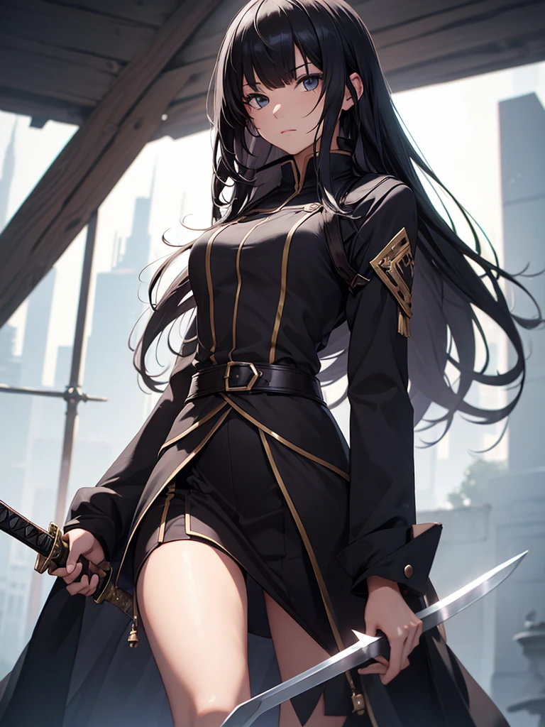 1girl, solo, long hair, looking at viewer, black hair, bangs, assasin outfit, holding a sword