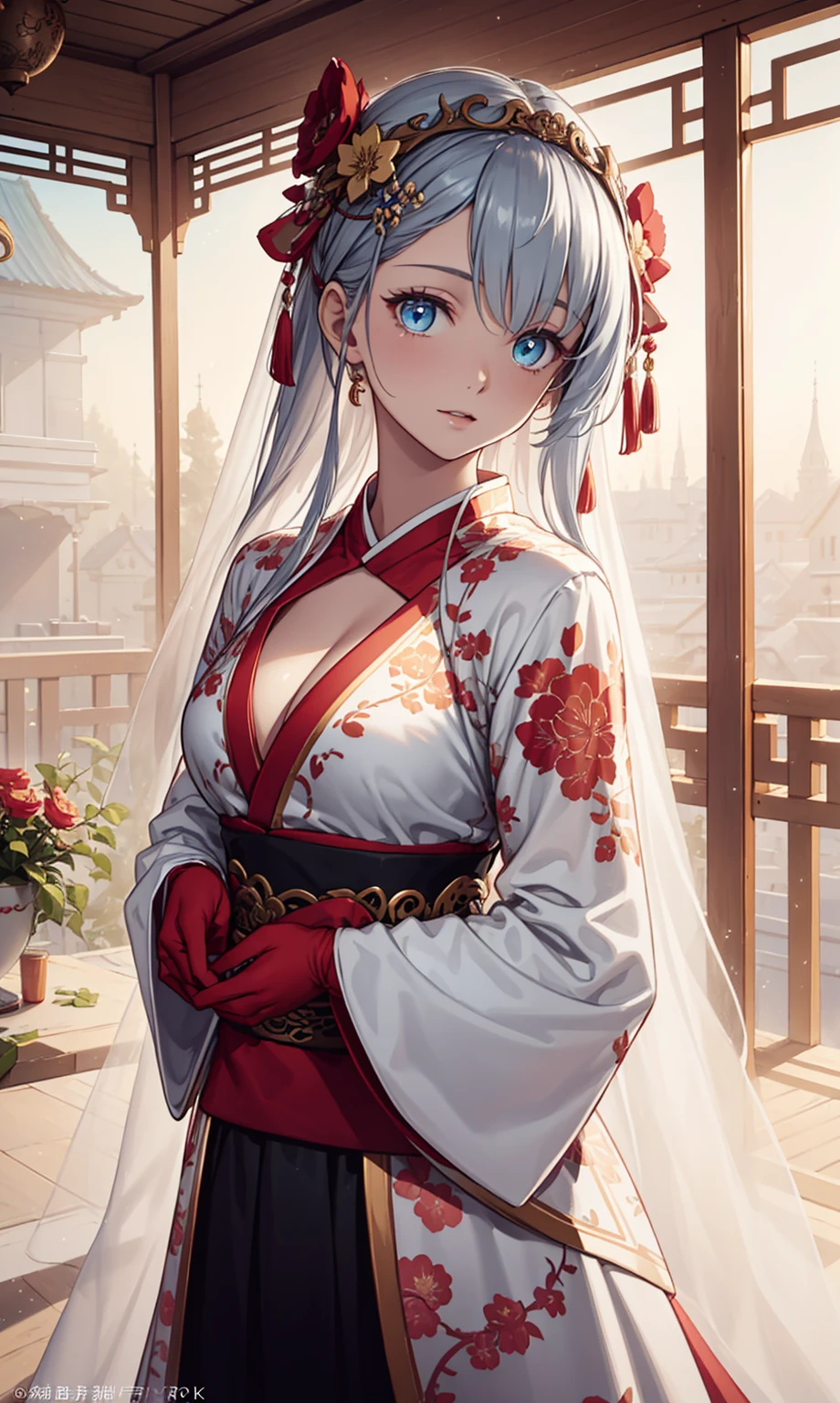 a beautiful young woman with long silver hair, blue eyes, and a delicate, elegant expression, wearing a transparent, colorful hanfu with intricate, exquisite design, black gloves, and elegant accessories such as lace, carved patterns, and long stockings, standing gracefully in the interior of an ancient Chinese palace at night, (best quality,4k,8k,highres,masterpiece:1.2),ultra-detailed,(realistic,photorealistic,photo-realistic:1.37),extremely detailed face and eyes,beautiful detailed eyes,beautiful detailed lips,extremely detailed eyes and face,long eyelashes,highly detailed dress and accessories,cinematic lighting,dramatic and romantic atmosphere,elegant pose,soft and gentle mood,love and intimacy,(transparent colorful hanfu,exquisite and luxurious design:1.1),black gloves,silver hair,blue eyes,see-through dress,intricate hair accessories,transparent lace,carved patterns,beautifully dressed,ancient Chinese palace interior,night scene