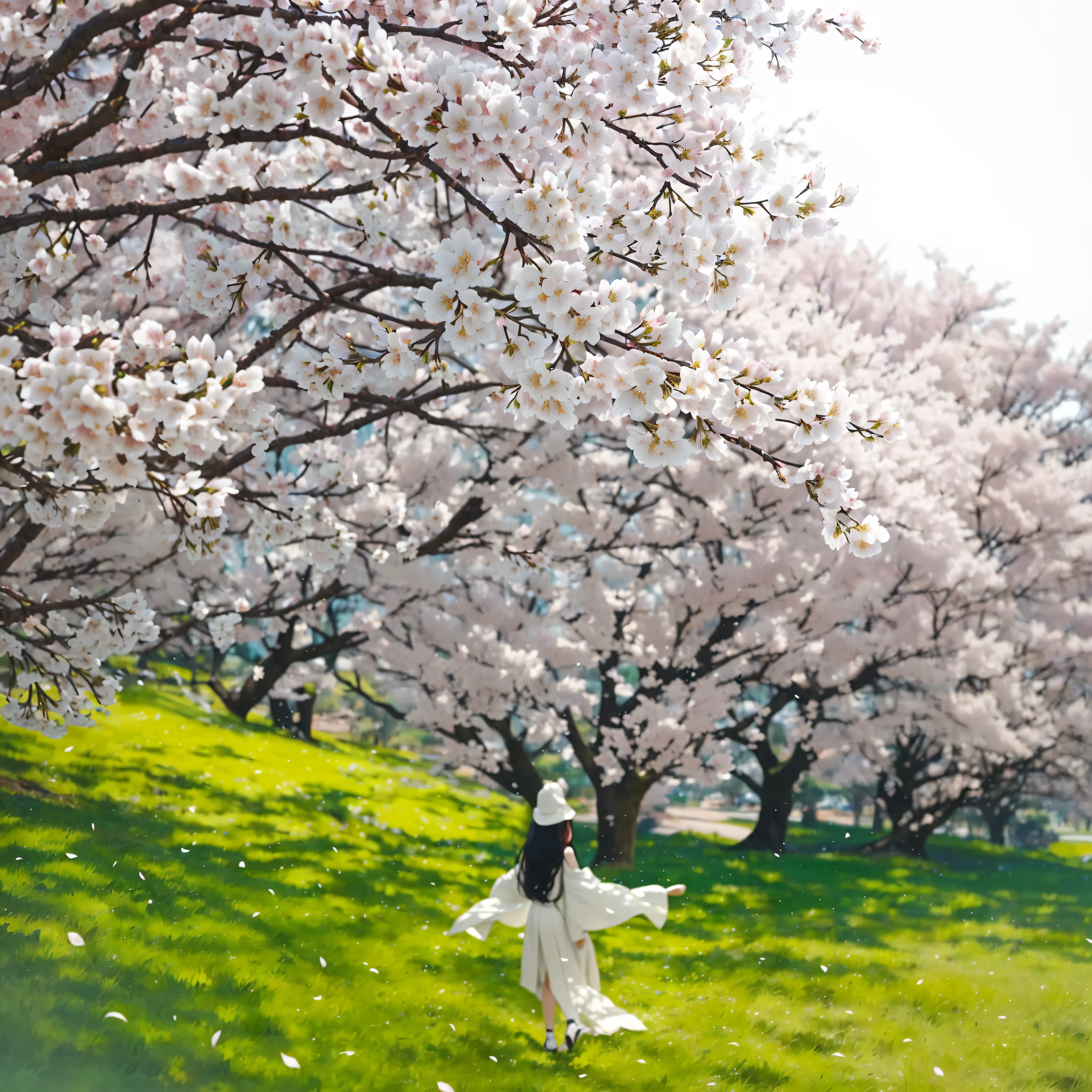 there is a girl that is standing in the grass with her arms outstretched, under sakura tree, cherry blossoms in the wind, sakura season, sakura petals around her, sakura tree in background, cherry blossom trees, cherry blossom falling, perfect spring day with, cherry tree in the background, lush sakura trees, cherry blossom forest, sakura trees