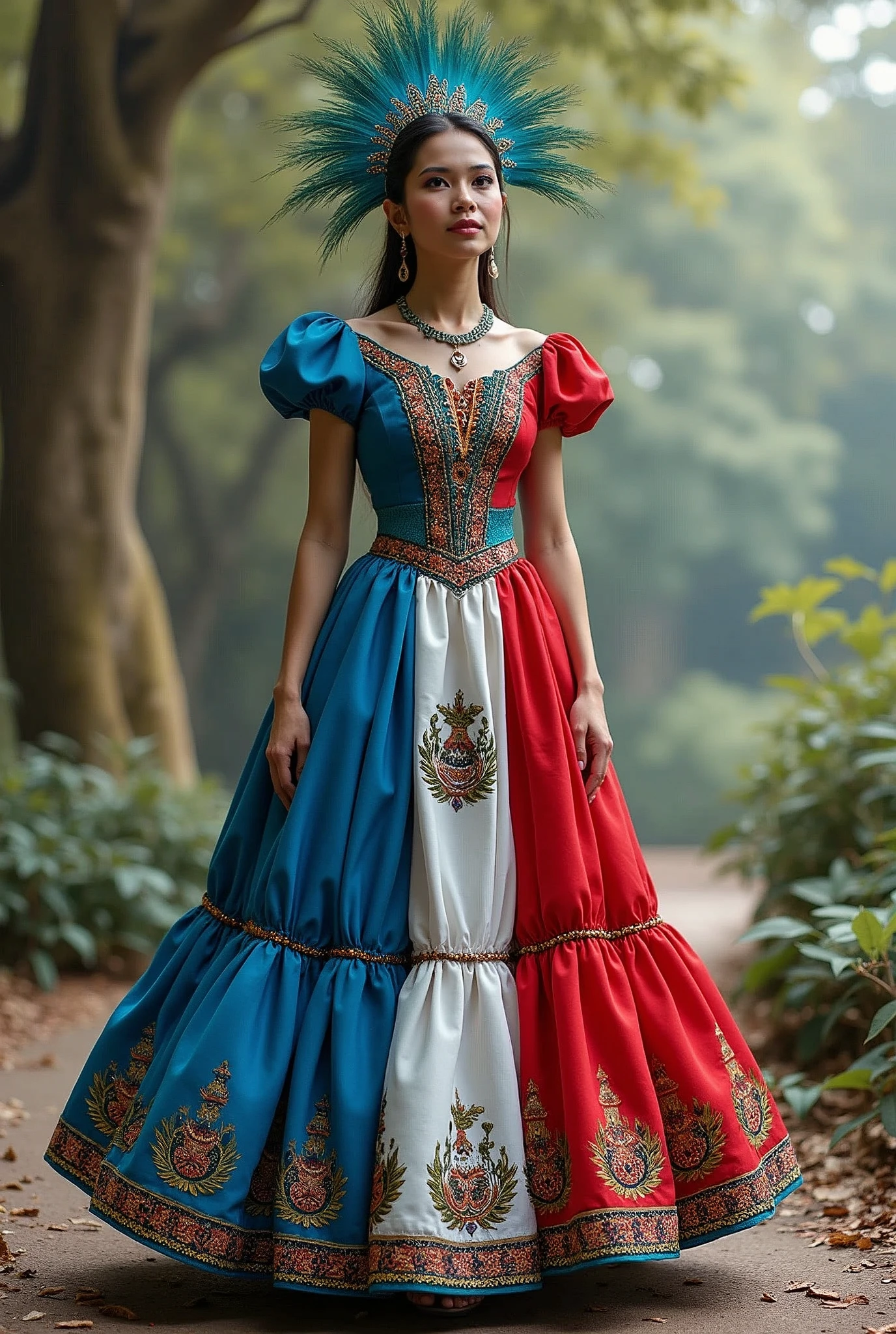 Create a design of a fantasy dress of Guatemala and its national symbols, the quetzal and the flag
