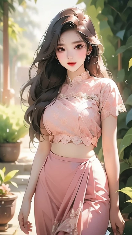 1 girl, solo, seductive look, sensual, elegance and charm, (masterpiece, best quality, high resolution:1.2), looking at the viewer, standing, (intricate and beautiful:1.2), (detailed light:1.2), (soft light , side light), (high resolution textures), outdoor, Burmese girl, wearing(( lace push up bra)), wearing acmm long skirt, pink acmm long skirt, printed skirt, garden with flowers background, sun light, ((feminine curves)), attractive.