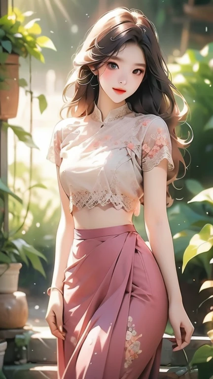 1 girl, solo, seductive look, sensual, elegance and charm, (masterpiece, best quality, high resolution:1.2), looking at the viewer, standing, (intricate and beautiful:1.2), (detailed light:1.2), (soft light , side light), (high resolution textures), outdoor, Burmese girl, wearing(( lace push up bra)), wearing acmm long skirt, pink acmm long skirt, printed skirt, garden with flowers background, sun light, ((feminine curves)), attractive.