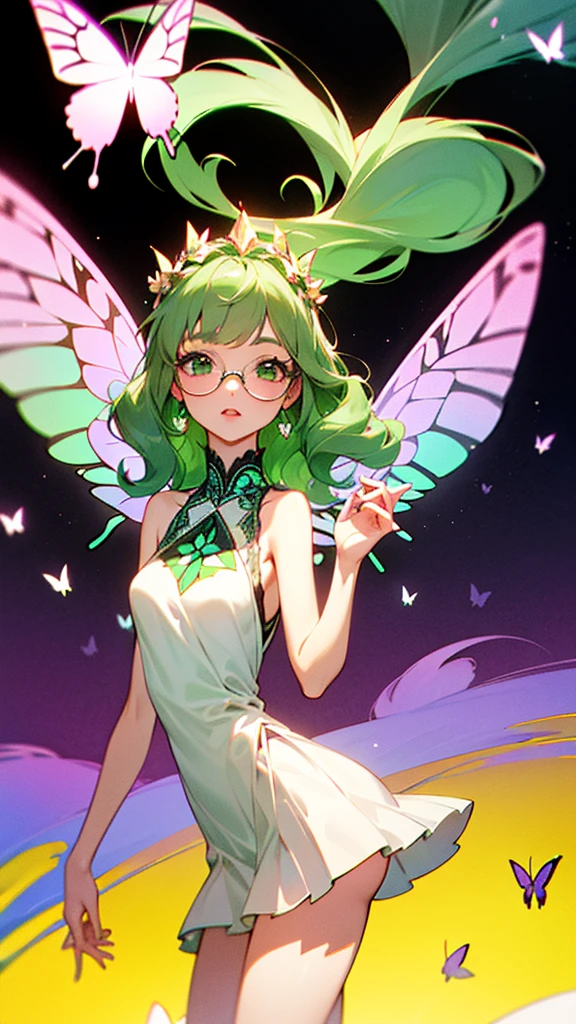 masterpiece, best quality, high quality, beautiful woman, 1 girl, (green wavy medium hair: 1.2), green hair, green eyes, (glasses)), medium breasts, shiny skin, light smile, cowboy shot, beach, (Enchantment Floral Idol-inspired costume, featuring motifs of fairy tale gardens with butterflies and flowers, with a color palette of (lilac:0.7) and mint green), (mint green dress includes a delicate top with a sweetheart neckline, adorned with embroidered butterflies and floral patterns in soft pastel shades), (sleeveless:1.2), (feature petal-like ruffles, adding a whimsical touch), (A-line skirt with layers of tulle and chiffon, creating a flowing, ethereal effect, hemline features intricate lace and butterfly detailing), (sandals), (fairy wings:1.2), (Accessories include a floral crown and butterfly-themed earrings, completing the magical and romantic style),