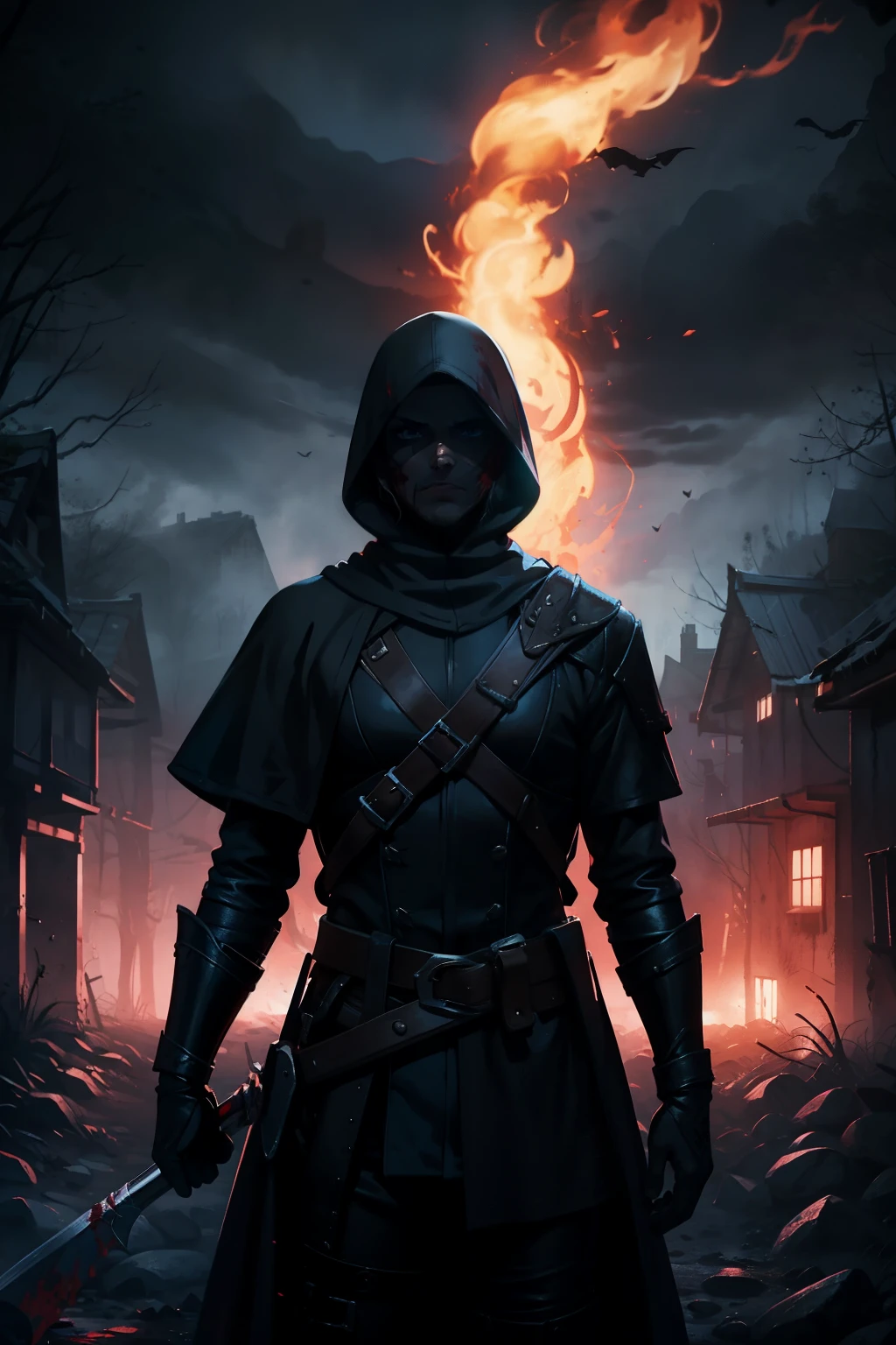 Triss from The Witcher, dressed in a dark robe with a hood with blood, in his hands is a scythe with a red flame, against the backdrop of a gloomy military landscape, an atmosphere of sadness and hopelessness, deep shadows, cool colors, a high resolution, detailed composition, 