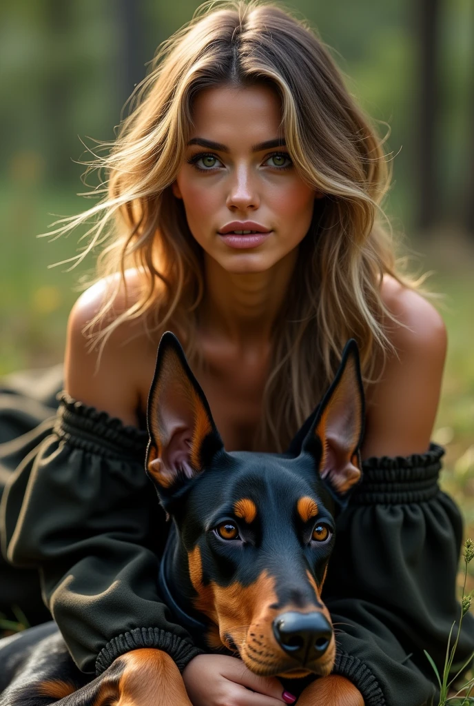 Brunette woman with blonde highlights with a doberman on his feet that looks like sophie mudd realistic 