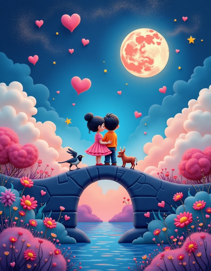 Wool felt style,Surreal space,abstract,Valentine's Day,Ancient Chinese Mythology,Hanfu,Boys and girls snuggle together,Standing on the arch bridge,A calf stands at the boy's feet,Fluffy love heart,Fluffy clouds,Star,Beautiful moon,Magpie,Grass,Flowers,In a dream,A vibrant and fun way to set the stage,Blue, purple and pink tones,Bright,Art