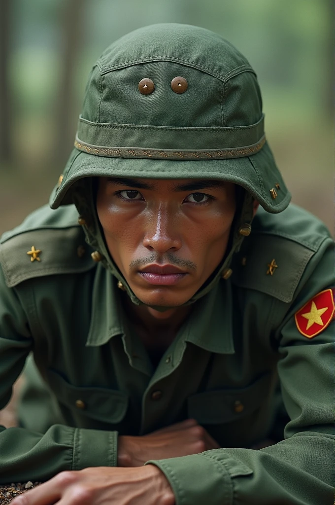 Vietnamese Soldier: Dressed in traditional Vietnamese military uniform, either lying down or standing in a defensive posture. The soldier’s face should show concern or determination.