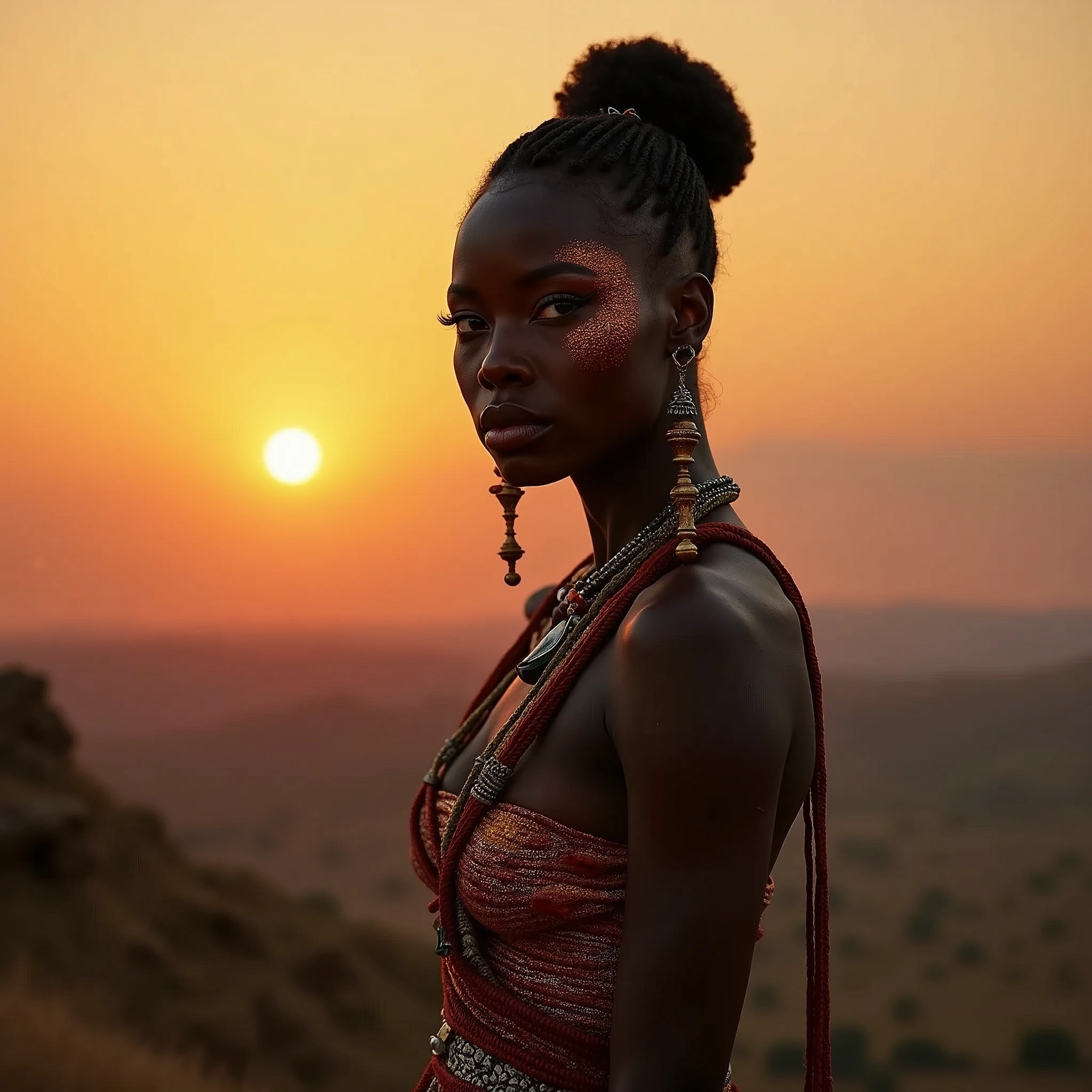 , stunning african princess, afrofuturism style, african princess, black african princess, afrofuturism, african queen, stunning portrait, 8k artistic portrait photography, afrofuturistic, anthropological photography, afrofuturist, futuristic himba teenage girl, beautiful portrait, beautiful futuristic himba woman, tribal makeup, fierce eyes, background is sunset on top of a hill