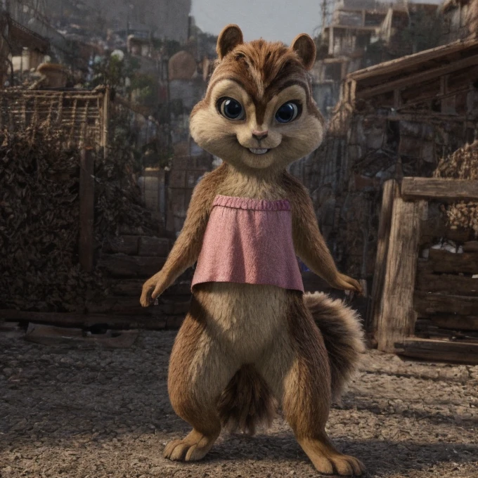 Brittany_Miller, solo, chipmunk, furry, cub, (slightly chubby:0.5), cute, (small ears), (short snout), pigtails, wearing pink dress, looking at viewer, Los Santos, masterpiece, detailed background, Digitigrade, Detailed fur, perfect teeth, No pantis, subtile smile,