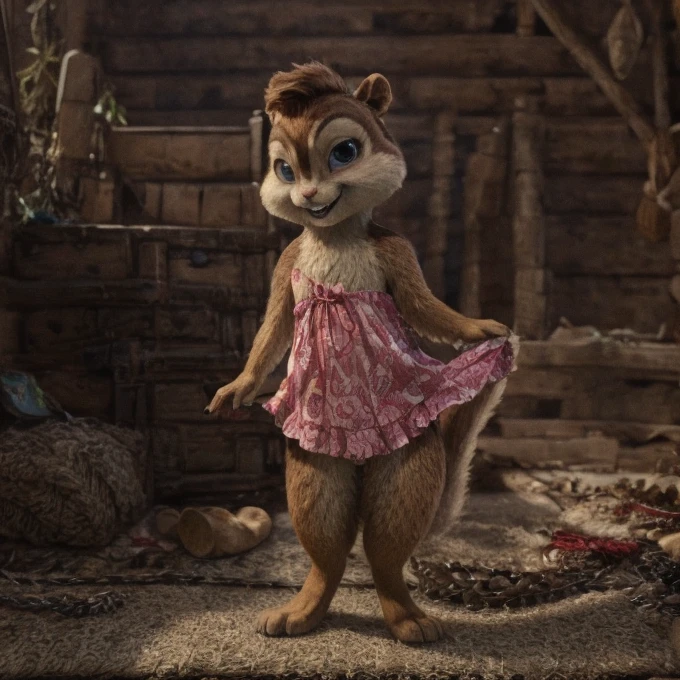 Brittany_Miller, solo, chipmunk, furry, cub, (slightly chubby:0.5), cute, (small ears), (short snout), pigtails, wearing pink dress, looking at viewer, Los Santos, masterpiece, detailed background, Digitigrade, Detailed fur, perfect teeth, No pantis, subtile smile,