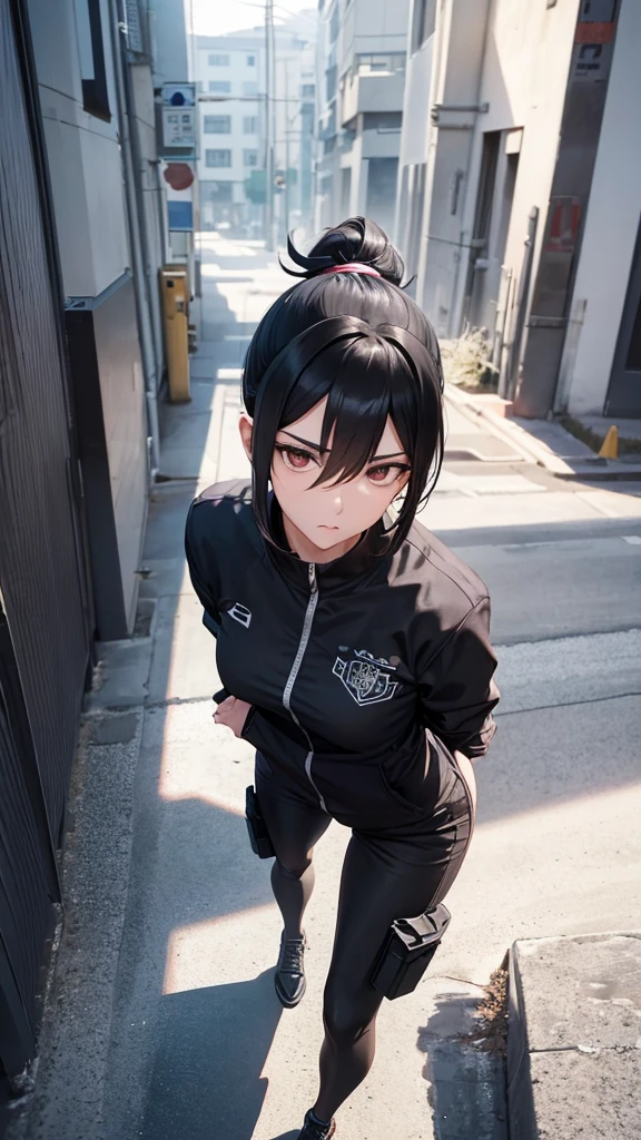 ponytail, Anatomically correct, Very detailed, Black Hair, Slender figure,Slanted Eyes, Tsundere, Vanishing Point, Focus: 85mm, Aerial perspective, Illustration,