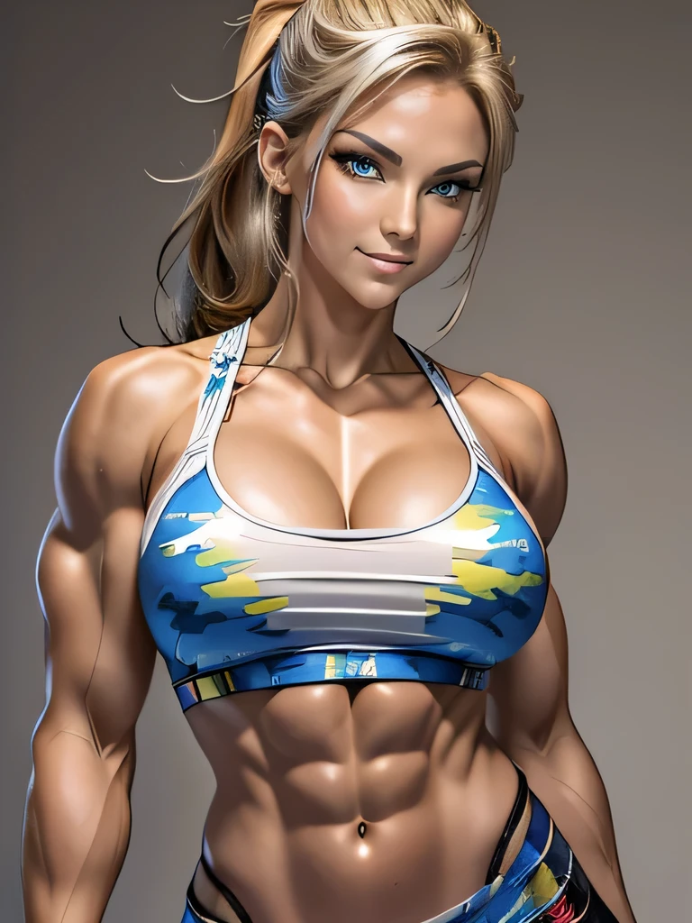 (Highest quality,4K,8k,High resolution,masterpiece:1.2),Very detailed,(Realistic,photoRealistic,photo-Realistic:1.37), Vibrant colors, bokeh, High resolution, In town, Very detailed explanation, Physically Based Rendering, Ultra-fine painting, Sharp focus, Professional, Portraiture, Sexy female fighter, Beautiful attention to detail, Beautiful lip detail, Abdominal muscles, Blue eyes, Red-headed Ponytail, Yellow and silver camouflage combat suit , whole body, 8k High resolution