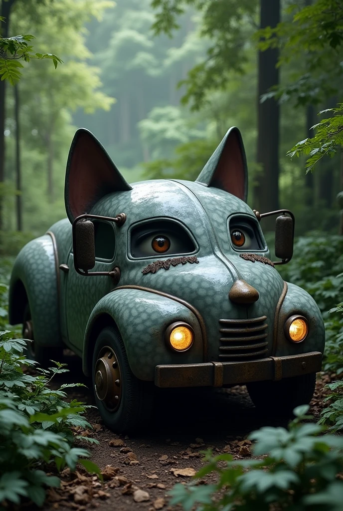 A truck designed to resemble a cat is parked in a dense jungle. The vehicle has cat-like features, such as a feline-shaped body, ears on the roof, and whiskers on the front. The truck is painted in shades of gray with patterns mimicking a cat's fur, blending with the lush green foliage of the surrounding forest. Its headlights resemble cat eyes, glowing softly in the dim light filtering through the thick canopy above.