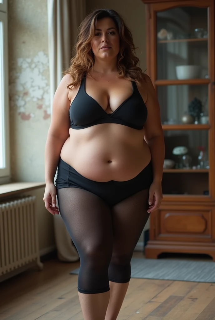 Milf bbw big tits and big fat ass curvy in yoga seductive face sweaty with see through clothes, yoga pants and brazier