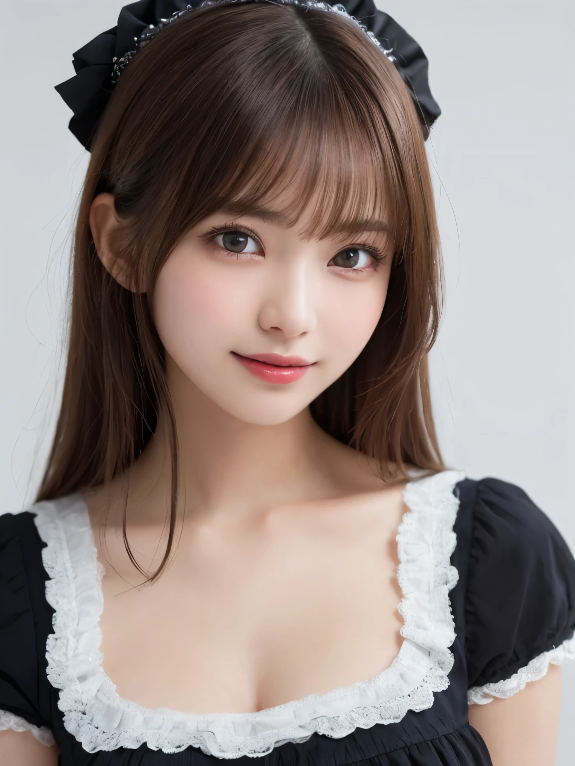 white background, half body portrait, bust shot, looks happy, smile, one girl, (a beauty girl, delicate girl:1.3), (20 years old:1.3), break, (halloween maid clothes), break, very fine eyes, (symmetrical eyes:1.3), break, C cup breasts, brown eyes, parted bangs, brown hair, (smile), break, (eyes and faces with detailed:1.0), break, (masterpiece, best quality, ultra detailed, detailed face, 8k)