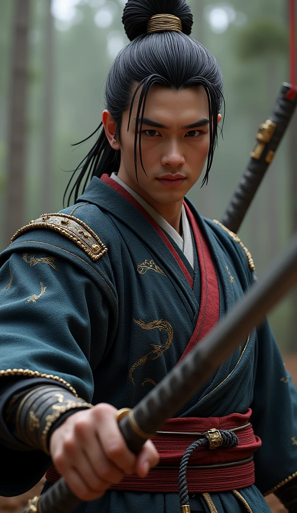 (Highest quality、 8k 、masterpiece、High resolution)、Japanese Samurai、1. Man、A young Edo period swordsman、Musashi Miyamoto、Dual-wielding master、Holding the hilt of a sword、(The blade is about 80cm long.、The stem is short, about 20 cm.、The sword has a rounded tsuba)、Official Art、Detailed CG、