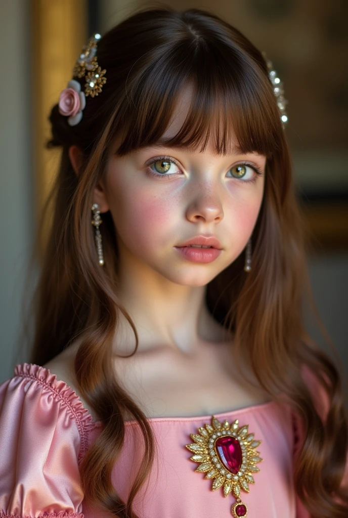 a beautiful european noble girl, with green eyes, long STRAIGHT brown hair with bangs, wearing cute expensive pink gown, wear accesories on her hair, and big ruby jewel brooch
