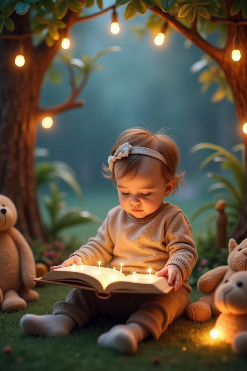 Create a whimsical scene with props like books, fairy lights, and soft toys. This can make the photos look like they are straight out of a storybook.