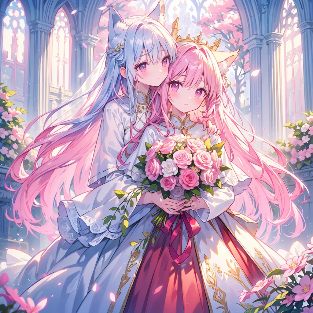 Bride with long pink hair holding a wedding bouquet in both hands,Fox ears and tail,wedding gown,Hold flowers in both hands,Garden background outside the church,Gorgeous light wedding dress with a long skirt,Cherry blossoms flying,Flowing skirts and hair,43 compositional method,the golden ratio,Pupil highlight,Meticulous facial depiction,Facial flushing,ssmile,Natural light,The picture is bright,Pink theme,Meticulous characterization,Meticulous scene depiction,Meticulous hand depiction,Meticulous eye depiction,Meticulous bouquet depiction,Scene blanking,Blue sky,Pupillary details,Finger details,with fair skin,Multi-layered pupils,Huge eye kernel,Character Spotlight,depth of fields,4k,8k,hight quality,High pixel accuracy,High pixel,HighestQuali
