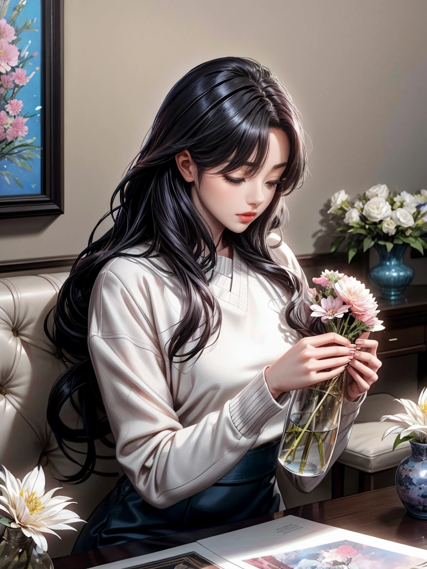 Close-up of a woman arranging flowers in a vase, With flowers, Magazine Photos, Written by Ayami Kojima, Official artwork, Shin Jinyoung, Surrounded by frozen flowers, by Nie Tian, Dilraba Dilmurat, Jaeyoung Nam, Synthwave, Hwang Seong, mackenzie foy, by Zhang Han, Park Jimin, By Jin Nong