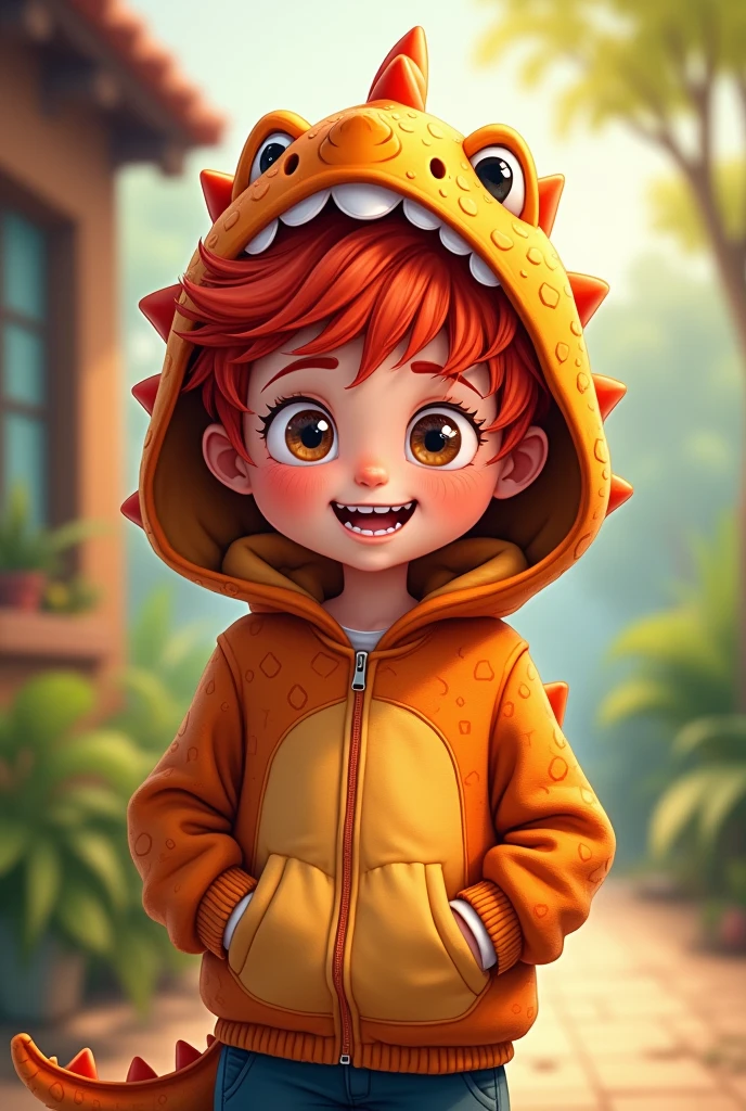 Draw me a boy with red hair and a dinosaur hoodie