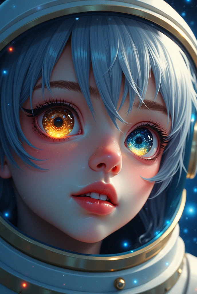 (Close-up of a better masterpiece:1.5)0.9], (Space and astronauts:1.2) (Messy silver hair:1.1) (Heterochromia xanthochromia and blue eyes:1.2) (Space Helmet:1.0) (Colored stars in the eyes:1.0) (A radiant glow:1.1) (thick lips:0.9)