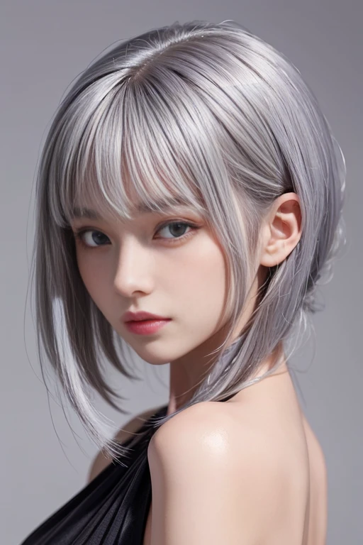 cute、woman、A hairstyle with all hair swept back、Odd Eye、Silver hair back、male、Her hair is shoulder-length、Odd Eye、male&#39;Left eye is red、male right eye blue、Increase the wide angle、Clear Eyes、White and blue magic costume、mini skirt、