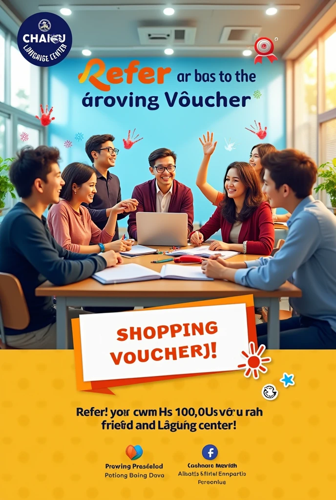 1 advertisement for Quang Minh language center about the promotion program Add friends to invite 1 friend to receive a shopping voucher worth 200.000 VND posted on Facebook