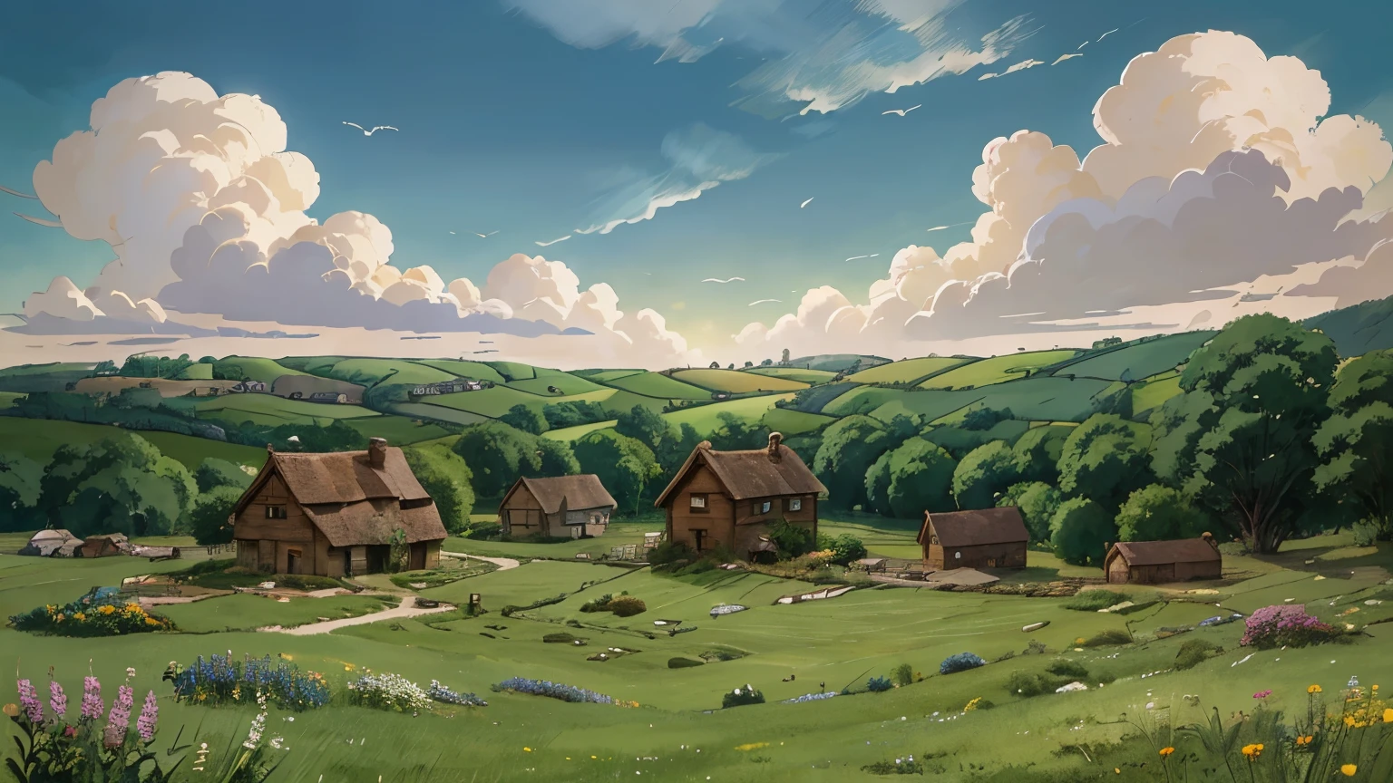 a cartoon picture of a rusty village house with meadow and white clouds and clear sky, mellow, mood painting, moody :: studio ghibli, cartoon moody scene, colorful mood, meadow, great fantasy mood, uplifting mood, peaceful mood, studio ghibli smooth concept art, dreamy mood, creepy mood, happy mood, studio ghibli inspired