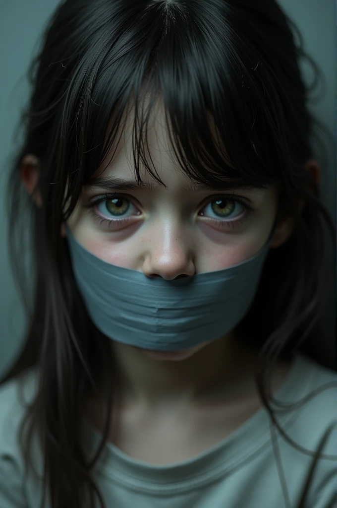 6 year old girl wearing grey duct tape on her mouth 