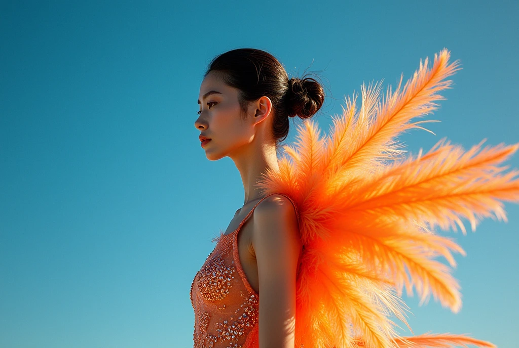 fashion editorial photography, medium shot of an asian model wearing futuristic dress made out of feathers and crystals,The clothes are made of strands of silk, interwoven in silver,medium shot of an asian model,Blue background,Orange contrast,Tech patterns, Dynamic silhouette, Virtual devices, Light effects and particles, Futuristic typography, Dynamic movement,Abstract geometry