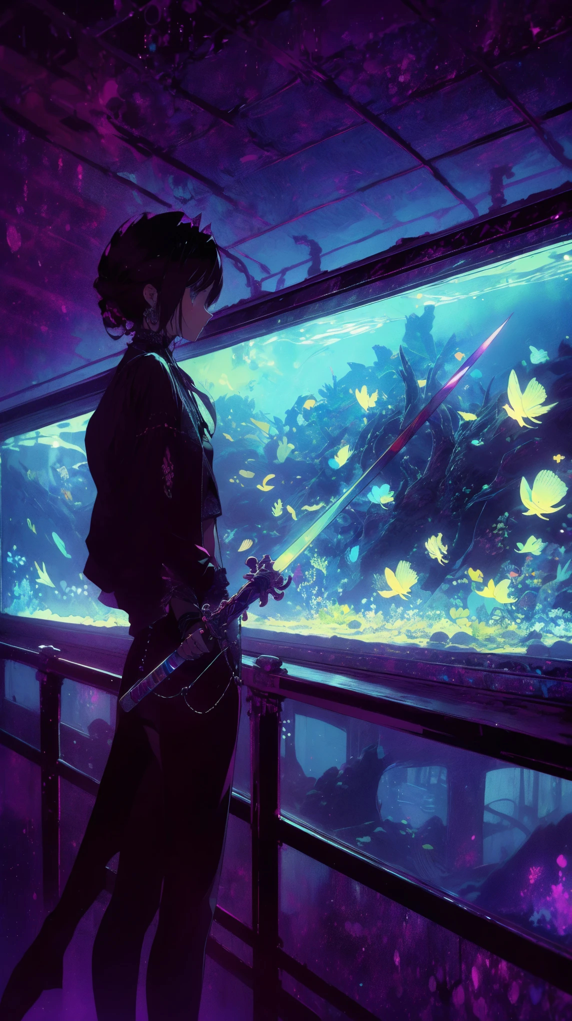 (high quality), (masterpiece), (detailed), 8K, (Avant-garde attire1.2) ager holds (gleaming rapier1.3) above (massive aquarium1.2) filled with (bioluminescent creatures1.3). (Silhouetted figure1.2) dances with (aquatic ballet1.3), casting (shimmering light blades1.2) across (hushed gallery1.2). (high quality), (masterpiece), (detailed), 8K, Anime style character with (cool and edgy tattoos1.3), dressed in (fashionable clothing1.2), posing confidently. Expression fierce, stylish accessory coiled around arm. Thicker outlines emphasize striking, modern fashion, vibrant palette enhances scene.
