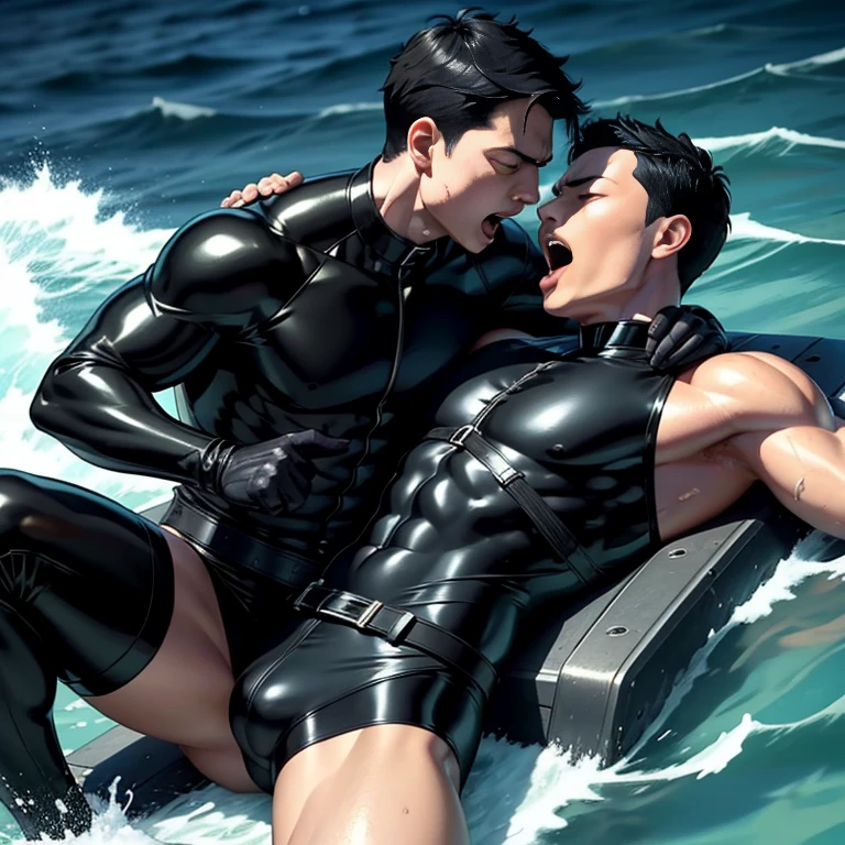 40 years old,One Man,、Black bodysuit、Shocker Belt、Black gloves、In the sea、Lying on your back、Being attacked、Legs wide open、The crotch area is bulging、 logic,Gay ,Black Hair、Short Hair。かなり短いShort Hair、Handsome Fighter Scream、Painful face、Open your mouth wide and stick out your tongue、Painful and painful scream