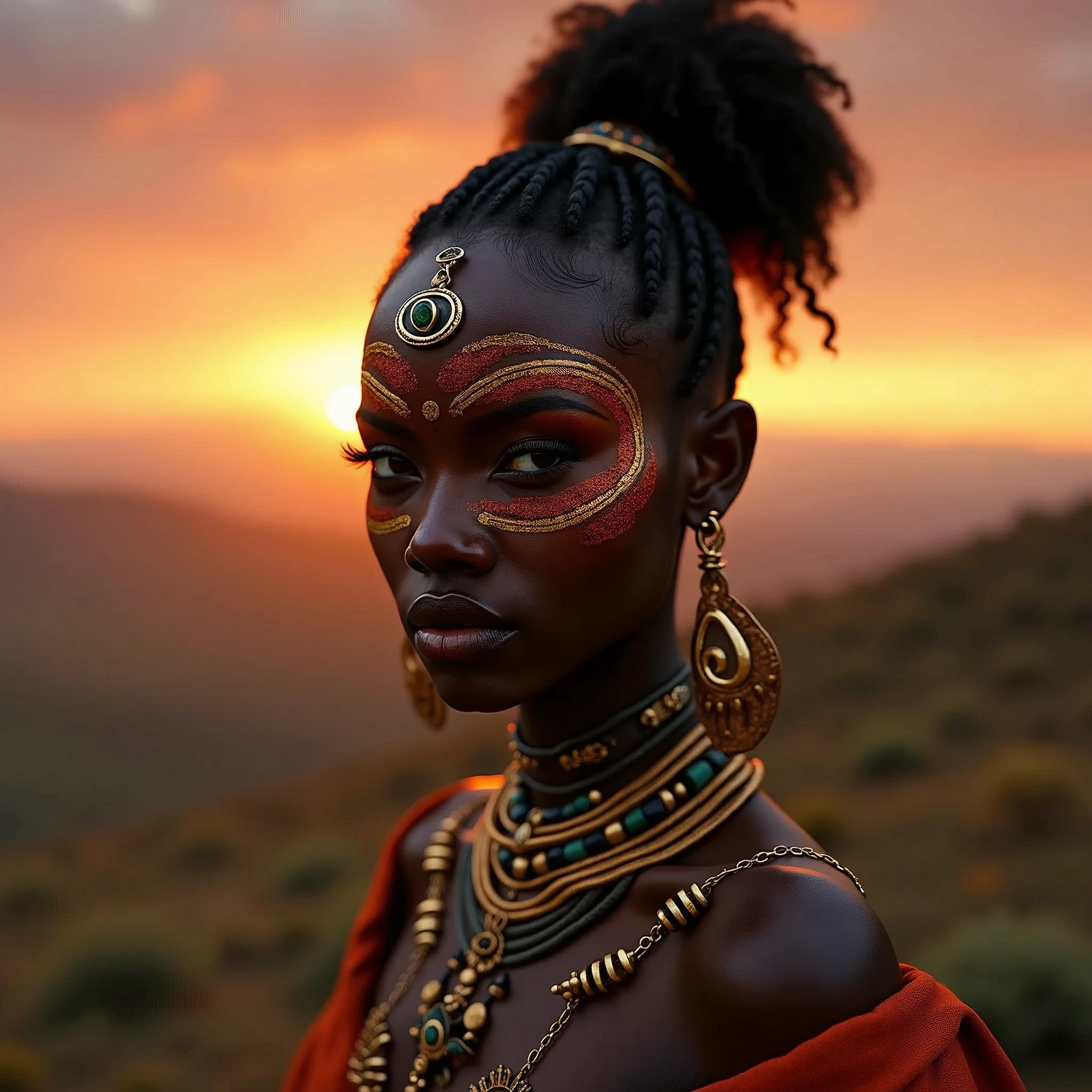 , stunning african princess, afrofuturism style, african princess, black african princess, afrofuturism, african queen, stunning portrait, 8k artistic portrait photography, afrofuturistic, anthropological photography, afrofuturist, futuristic himba teenage girl, beautiful portrait, beautiful futuristic himba woman, tribal makeup, fierce eyes, background is sunset on top of a hill