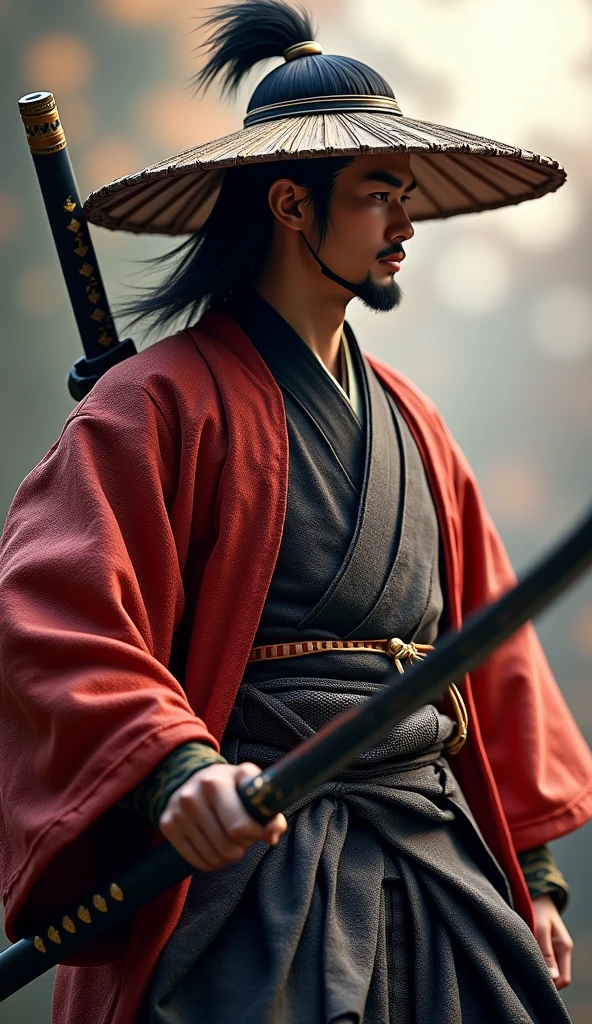 (Highest quality、 8k 、masterpiece、High resolution)、Japanese Samurai、1. Man、A young Edo period swordsman、Musashi Miyamoto、Dual-wielding master、Holding the hilt of a sword、(The blade is about 80cm long.、The stem is short, about 20 cm.、The sword has a rounded tsuba)、Official Art、Detailed CG、