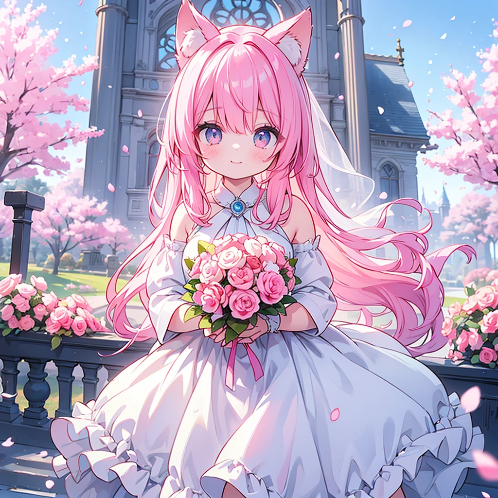 Bride with long pink hair holding a wedding bouquet in both hands,Fox ears and tail,wedding gown,Hold flowers in both hands,Garden background outside the church,Gorgeous light wedding dress with a long skirt,Cherry blossoms flying,Flowing skirts and hair,43 compositional method,the golden ratio,Pupil highlight,Meticulous facial depiction,Facial flushing,ssmile,Natural light,The picture is bright,Pink theme,Meticulous characterization,Meticulous scene depiction,Meticulous hand depiction,Meticulous eye depiction,Meticulous bouquet depiction,Scene blanking,Blue sky,Pupillary details,Finger details,with fair skin,Multi-layered pupils,Huge eye kernel,Character Spotlight,depth of fields,4k,8k,hight quality,High pixel accuracy,High pixel,HighestQuali