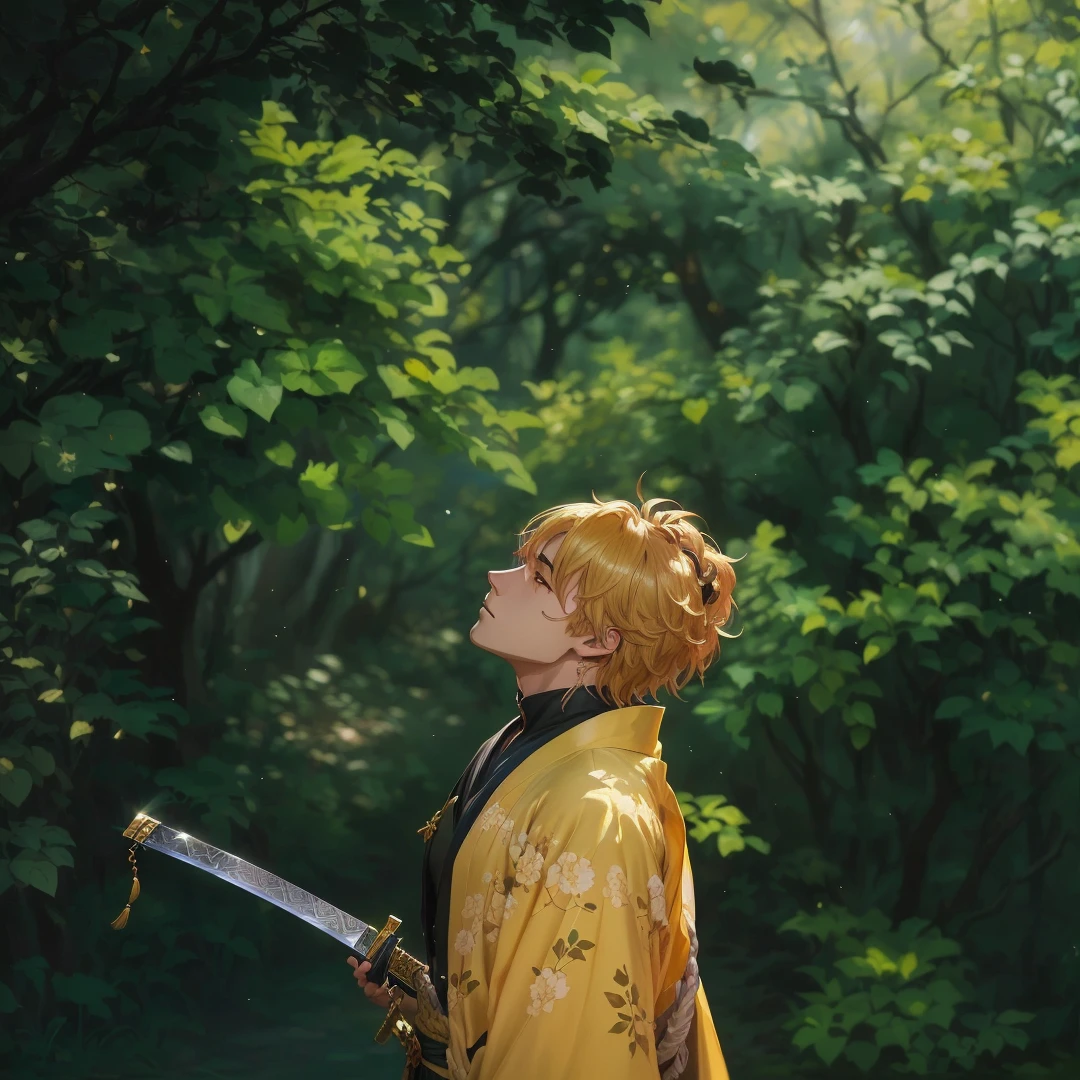 anime - style photo of a man in a yellow kimono with a sword, hold sword in the forest, handsome guy in demon slayer art, makoto sinkai, anime lush john 8k woods, today's featured anime still, highly detailed exquisite fanart, demon slayer rui fanart, official fanart, anime painting, official art, clean detailed anime art, high quality fanart