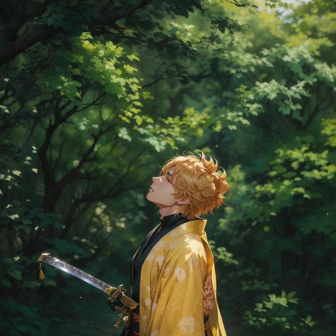anime - style photo of a man in a yellow kimono with a sword, hold sword in the forest, handsome guy in demon slayer art, makoto sinkai, anime lush john 8k woods, today's featured anime still, highly detailed exquisite fanart, demon slayer rui fanart, official fanart, anime painting, official art, clean detailed anime art, high quality fanart