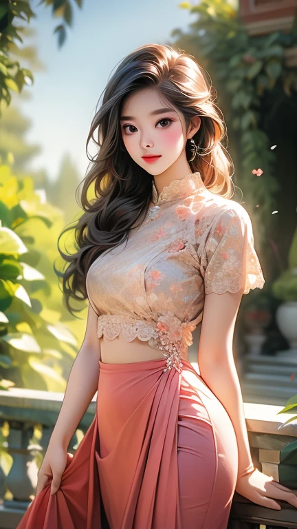 1 girl, solo, seductive look, sensual, elegance and charm, (masterpiece, best quality, high resolution:1.2), looking at the viewer, standing, (intricate and beautiful:1.2), (detailed light:1.2), (soft light , side light), (high resolution textures), outdoor, Burmese girl, wearing(( lace push up bra)), wearing acmm long skirt, pink acmm long skirt, printed skirt, garden with flowers background, sun light, ((feminine curves)), attractive.