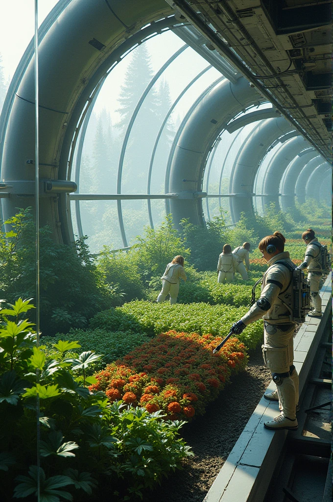 A space farming system floating in space around Earth on a large spaceship with several large glass domes. Inside, various types of plants are growing. These domes have light from the sun shining through the glass. and has an automatic watering and climate control system Robots working around
