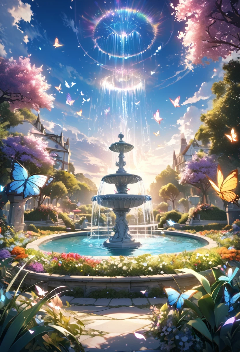 A peaceful garden with beautiful water fountain and lots of colorful butterflies flying in the air. Giving a magical moment within the place. In 8k ultra high definition image.