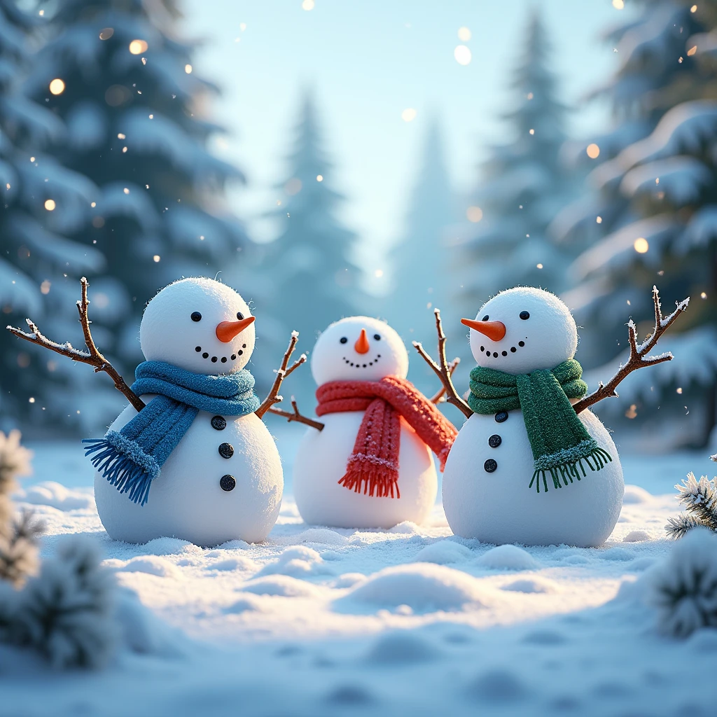 a beautiful detailed winter landscape, 3 snowmen in a snowy forest with blue, red and green scarves, tree branch arms, carrot noses, (best quality,16k,masterpiece:1.2),ultra-detailed,(realistic,photorealistic,photo-realistic:1.37),intricate details,cinematic lighting,gorgeous colors,snowflakes,christmas trees,snowy forest,stunning scenery