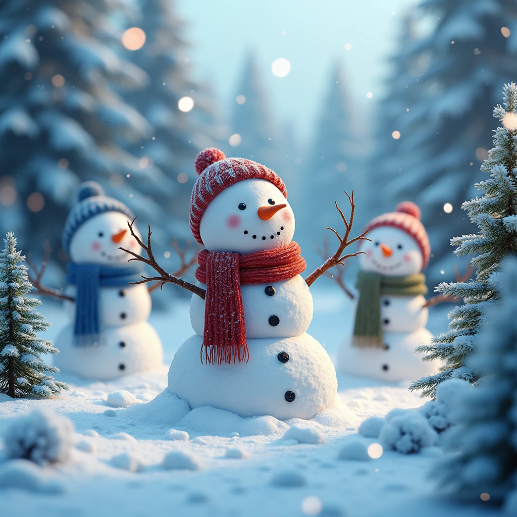 a beautiful detailed winter landscape, 3 snowmen in a snowy forest with blue, red and green scarves, tree branch arms, carrot noses, (best quality,16k,masterpiece:1.2),ultra-detailed,(realistic,photorealistic,photo-realistic:1.37),intricate details,cinematic lighting,gorgeous colors,snowflakes,christmas trees,snowy forest,stunning scenery