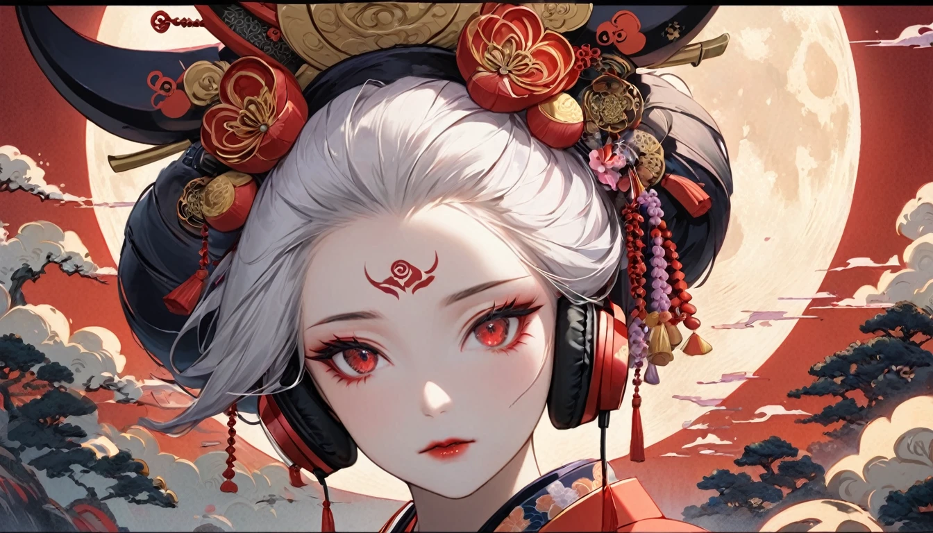 Ink painting, (((1 girl))), (((Tattoo in the middle of the forehead))),(((In the background is the Akatsuki moon))), (((Oiran))), (((Great hair accessories))), Japanese style headphones, Demon possession, (((Red eyes with an inscription inside them))),Face up close, Japanese beauty, White hair, Sensitive and precise, Modern Ukiyo-e style