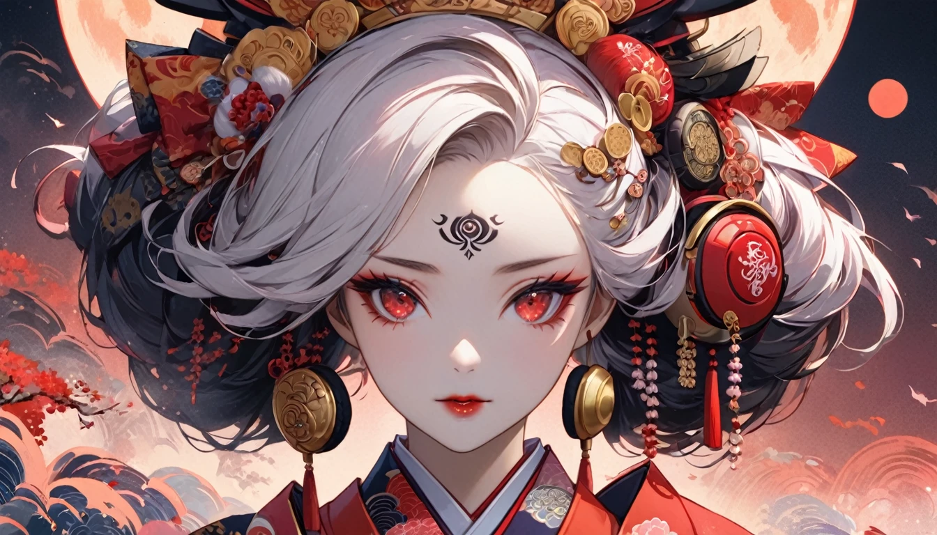 Ink painting, (((1 girl))), (((Tattoo in the middle of the forehead))),(((In the background is the Akatsuki moon))), (((Oiran))), (((Great hair accessories))), Japanese style headphones, Demon possession, (((Red eyes with an inscription inside them))),Face up close, Japanese beauty, White hair, Sensitive and precise, Modern Ukiyo-e style